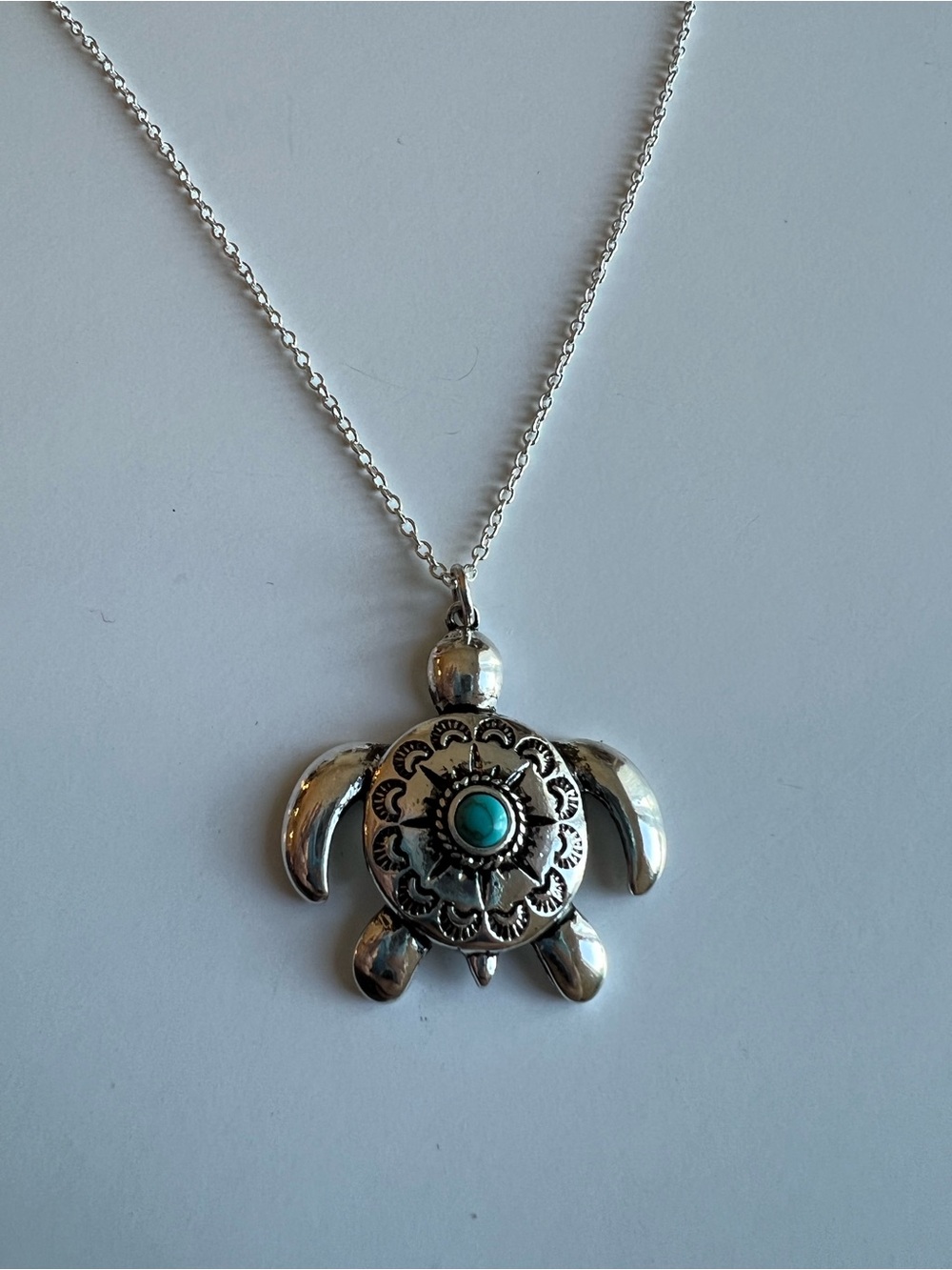 Silver Turtle Pendant Necklace with Turquoise Accent Boho Coastal - Picture 2 of 4